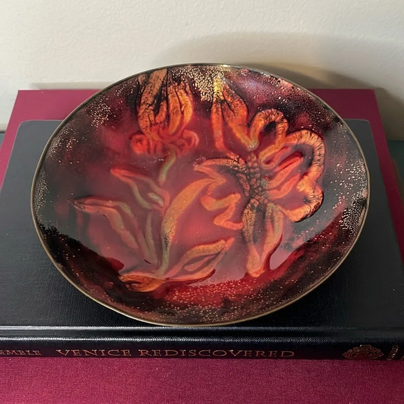 Enamel Copper Burgundy Gold flecks Flower Leaf Design Hand Crafted Bowl Signed - Picture 1 of 9
